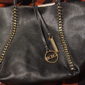 BCBG Textured Black Tote with Gold Chain Detail